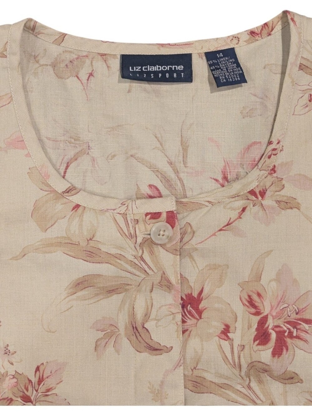Liz Claiborne Lizsport Vintage Cream Pink Floral Button Up Maxi Dress - Sz 14 - Picture 4 of 4